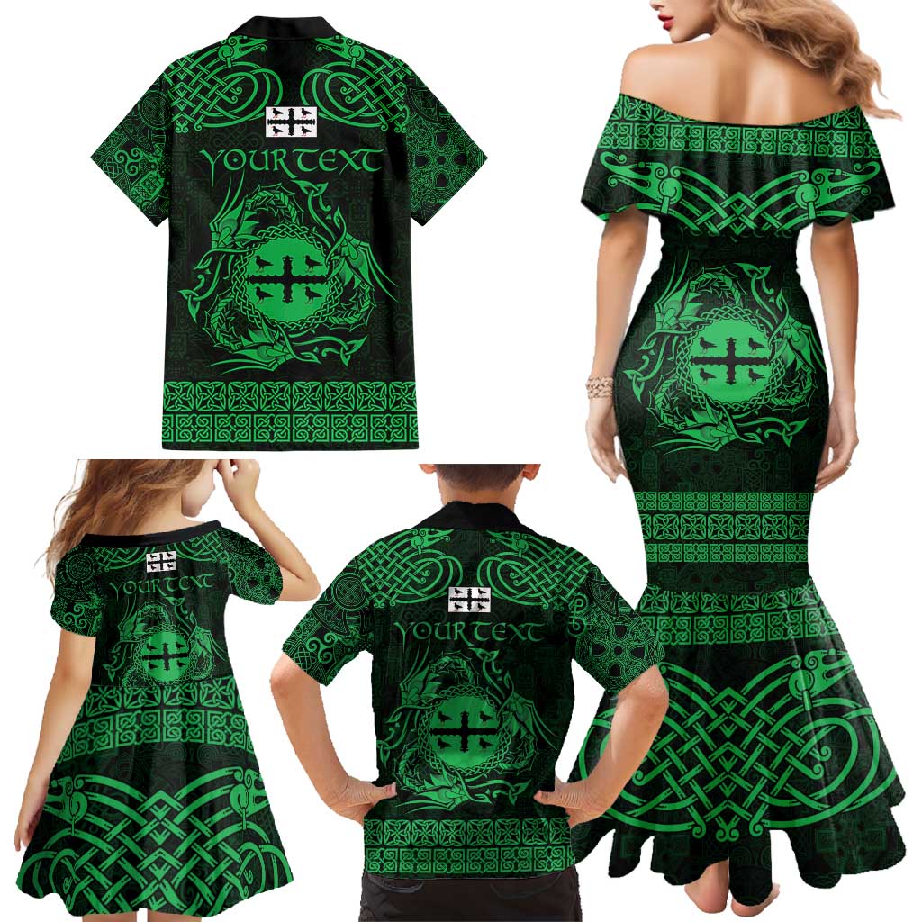 Personalized Flintshire Sir y Fflint Family Matching Mermaid Dress and Hawaiian Shirt Green Four Choughs Celtic-inspired - Wonder Print Shop