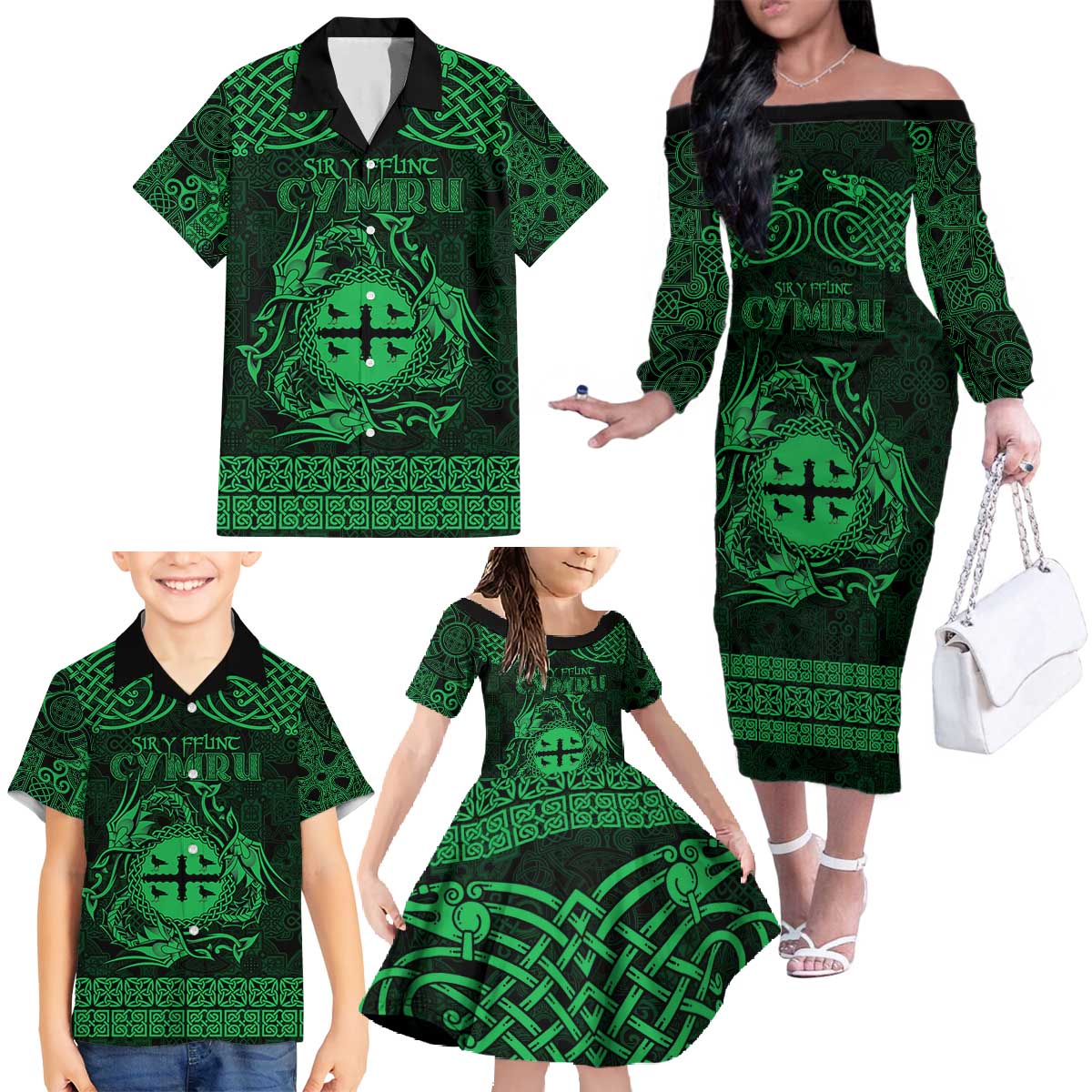 Personalized Flintshire Sir y Fflint Family Matching Off The Shoulder Long Sleeve Dress and Hawaiian Shirt Green Four Choughs Celtic-inspired - Wonder Print Shop