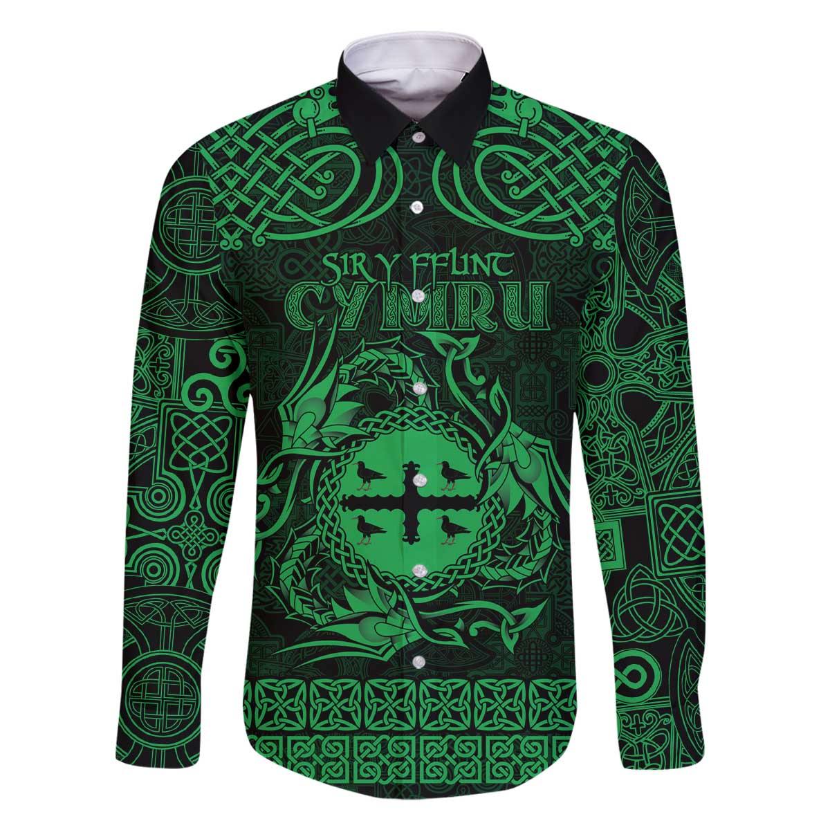 Personalized Flintshire Sir y Fflint Family Matching Off The Shoulder Long Sleeve Dress and Hawaiian Shirt Green Four Choughs Celtic-inspired - Wonder Print Shop