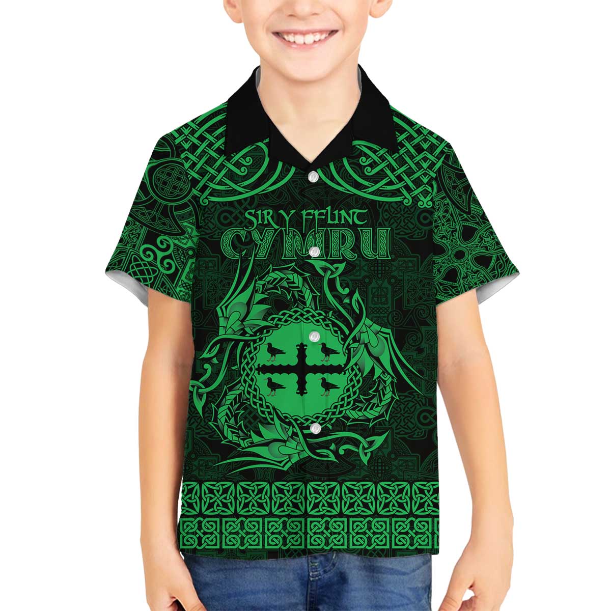 Personalized Flintshire Sir y Fflint Family Matching Off The Shoulder Long Sleeve Dress and Hawaiian Shirt Green Four Choughs Celtic-inspired - Wonder Print Shop