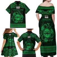 Personalized Flintshire Sir y Fflint Family Matching Off Shoulder Maxi Dress and Hawaiian Shirt Green Four Choughs Celtic-inspired - Wonder Print Shop
