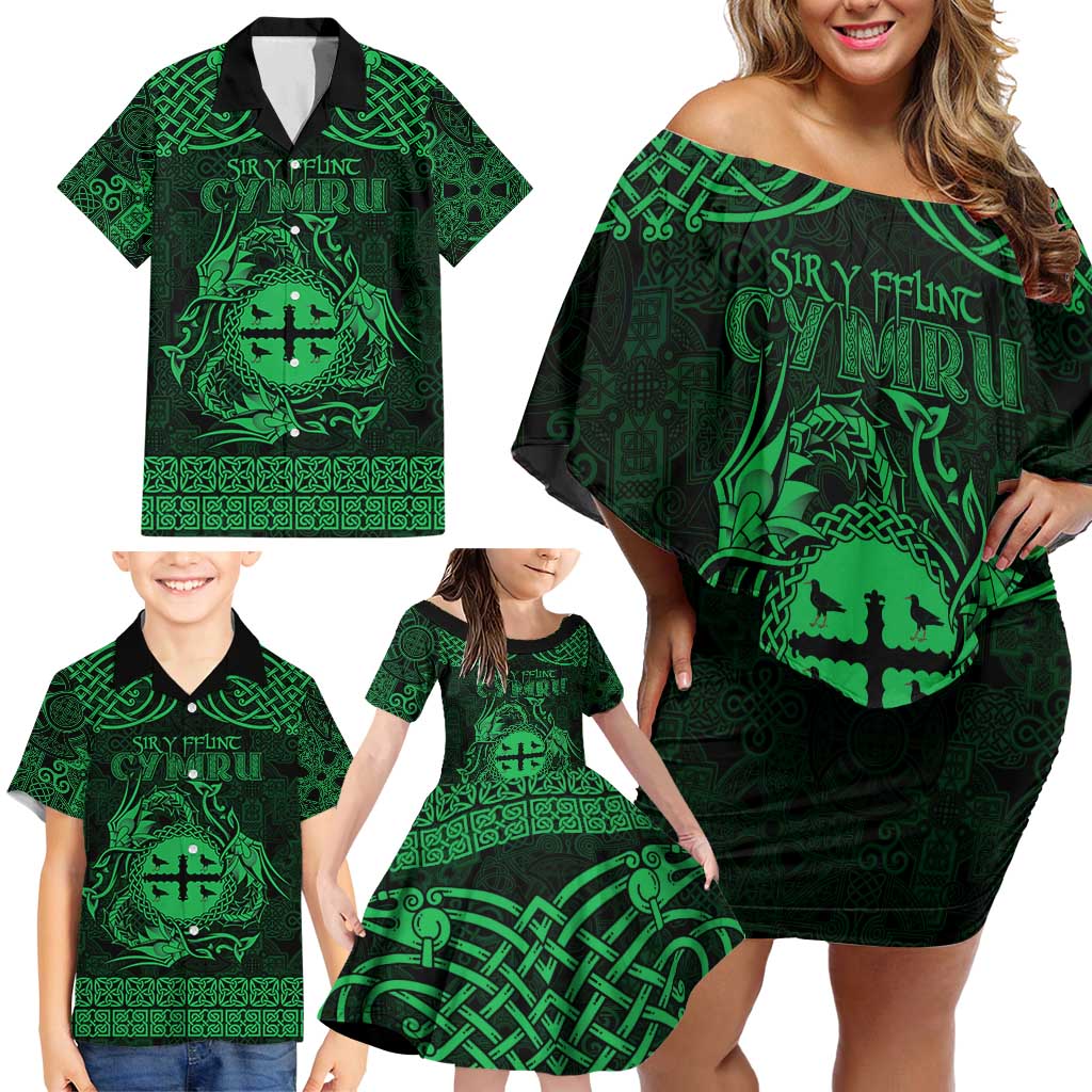 Personalized Flintshire Sir y Fflint Family Matching Off Shoulder Short Dress and Hawaiian Shirt Green Four Choughs Celtic-inspired - Wonder Print Shop