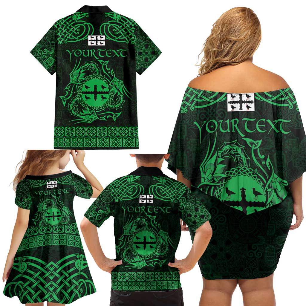 Personalized Flintshire Sir y Fflint Family Matching Off Shoulder Short Dress and Hawaiian Shirt Green Four Choughs Celtic-inspired - Wonder Print Shop