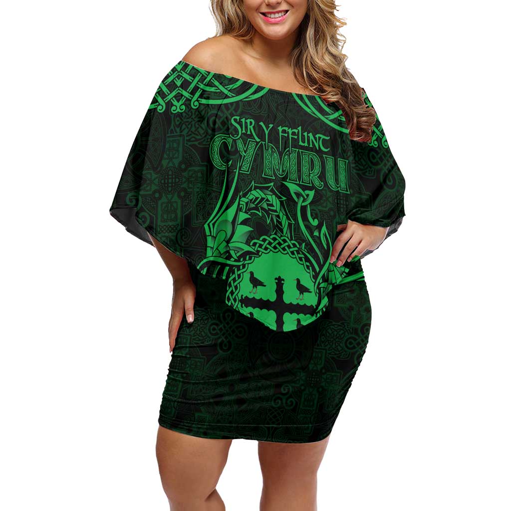 Personalized Flintshire Sir y Fflint Family Matching Off Shoulder Short Dress and Hawaiian Shirt Green Four Choughs Celtic-inspired - Wonder Print Shop