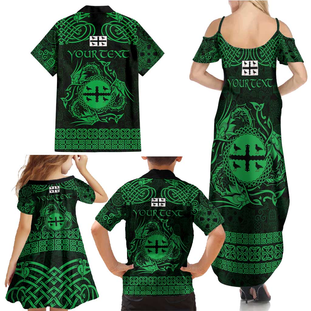 Personalized Flintshire Sir y Fflint Family Matching Summer Maxi Dress and Hawaiian Shirt Green Four Choughs Celtic-inspired - Wonder Print Shop