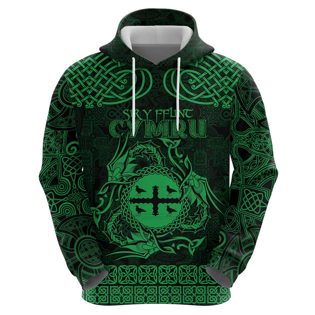 Personalized Flintshire Sir y Fflint Hoodie Green Four Choughs Celtic-inspired - Wonder Print Shop