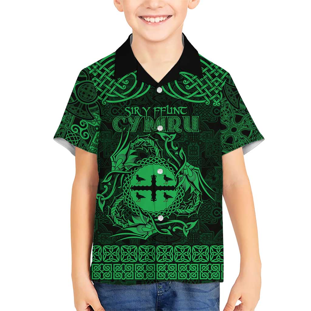 Personalized Flintshire Sir y Fflint Kid Hawaiian Shirt Green Four Choughs Celtic-inspired - Wonder Print Shop