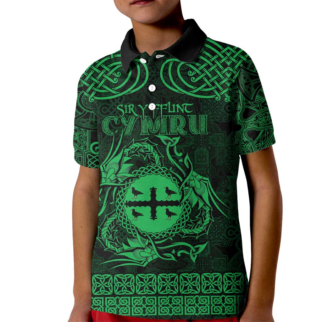Personalized Flintshire Sir y Fflint Kid Polo Shirt Green Four Choughs Celtic-inspired - Wonder Print Shop