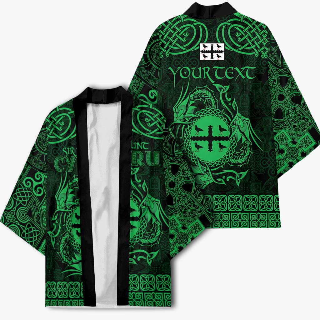 Personalized Flintshire Sir y Fflint Kimono Green Four Choughs Celtic-inspired - Wonder Print Shop