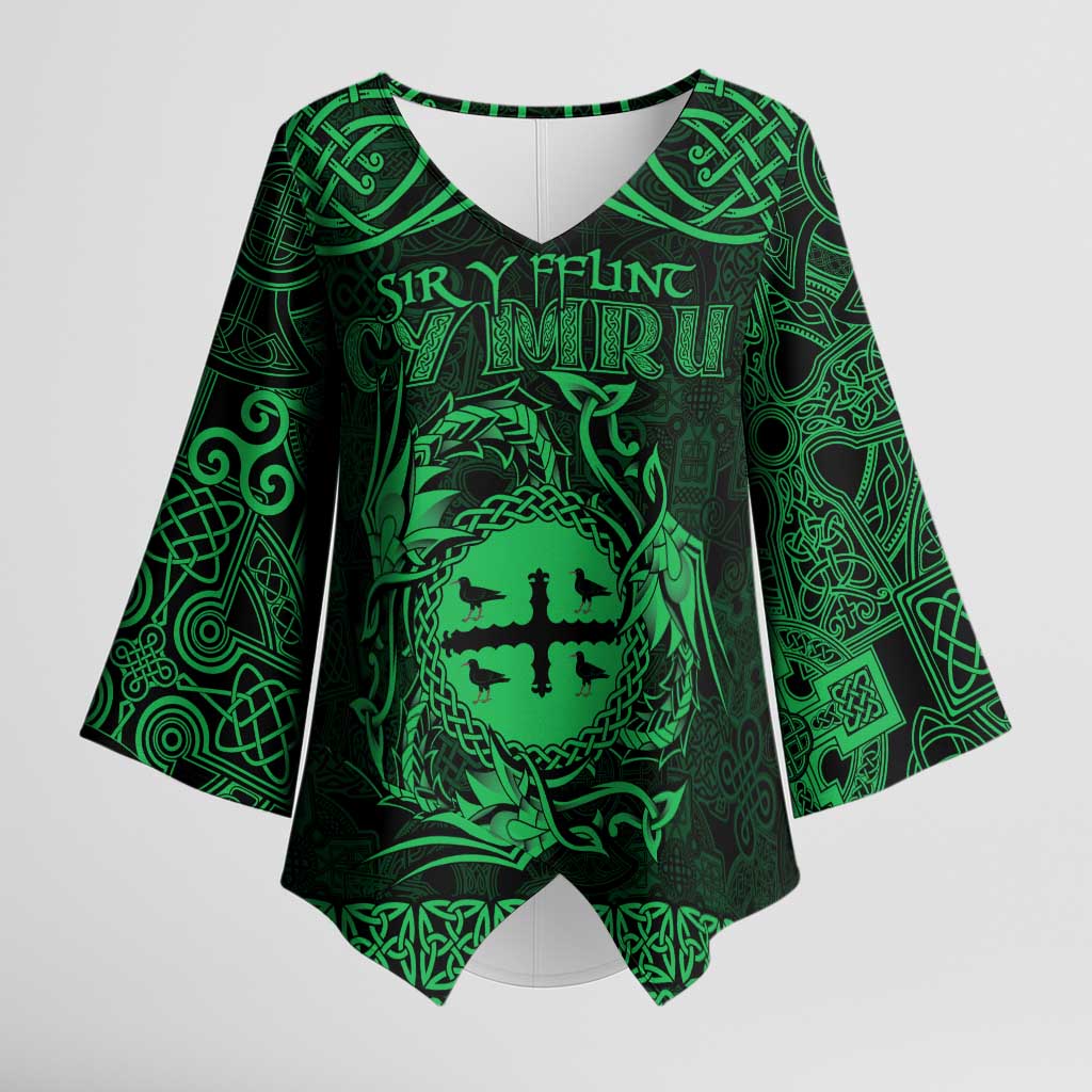 Personalized Flintshire Sir y Fflint Kimono Sleeve Blouse Green Four Choughs Celtic-inspired - Wonder Print Shop