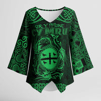 Personalized Flintshire Sir y Fflint Kimono Sleeve Blouse Green Four Choughs Celtic-inspired - Wonder Print Shop