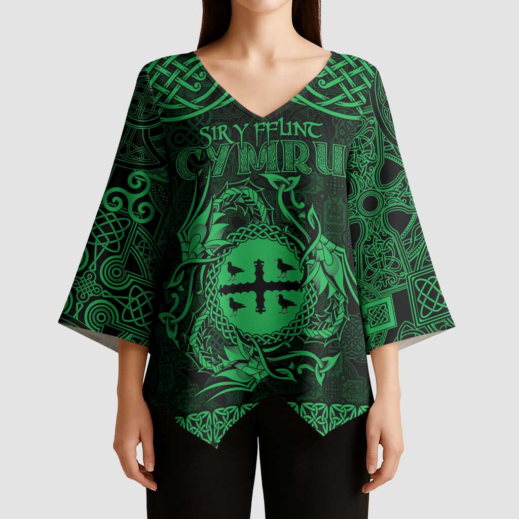 Personalized Flintshire Sir y Fflint Kimono Sleeve Blouse Green Four Choughs Celtic-inspired - Wonder Print Shop