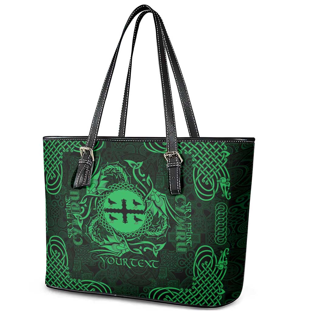 Personalized Flintshire Sir y Fflint Leather Tote Bag Green Four Choughs Celtic-inspired - Wonder Print Shop