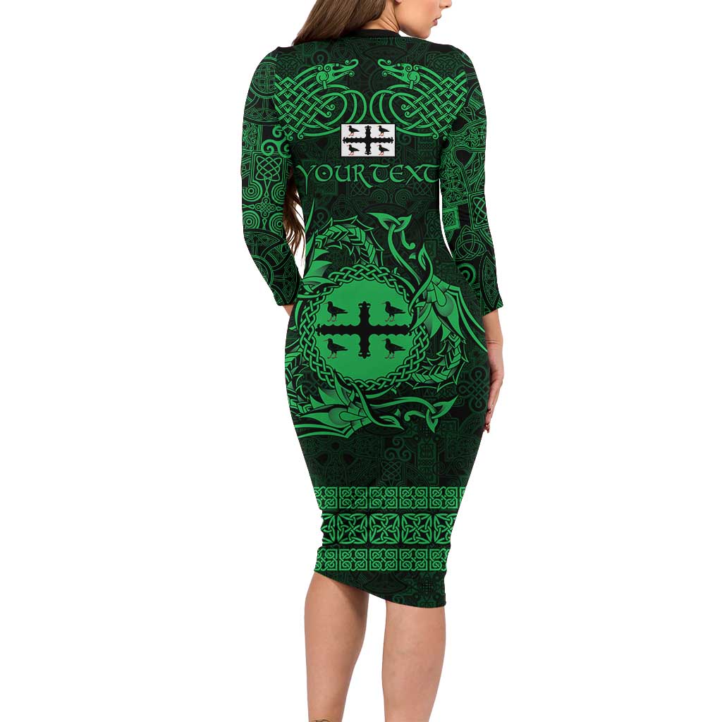 Personalized Flintshire Sir y Fflint Long Sleeve Bodycon Dress Green Four Choughs Celtic-inspired - Wonder Print Shop