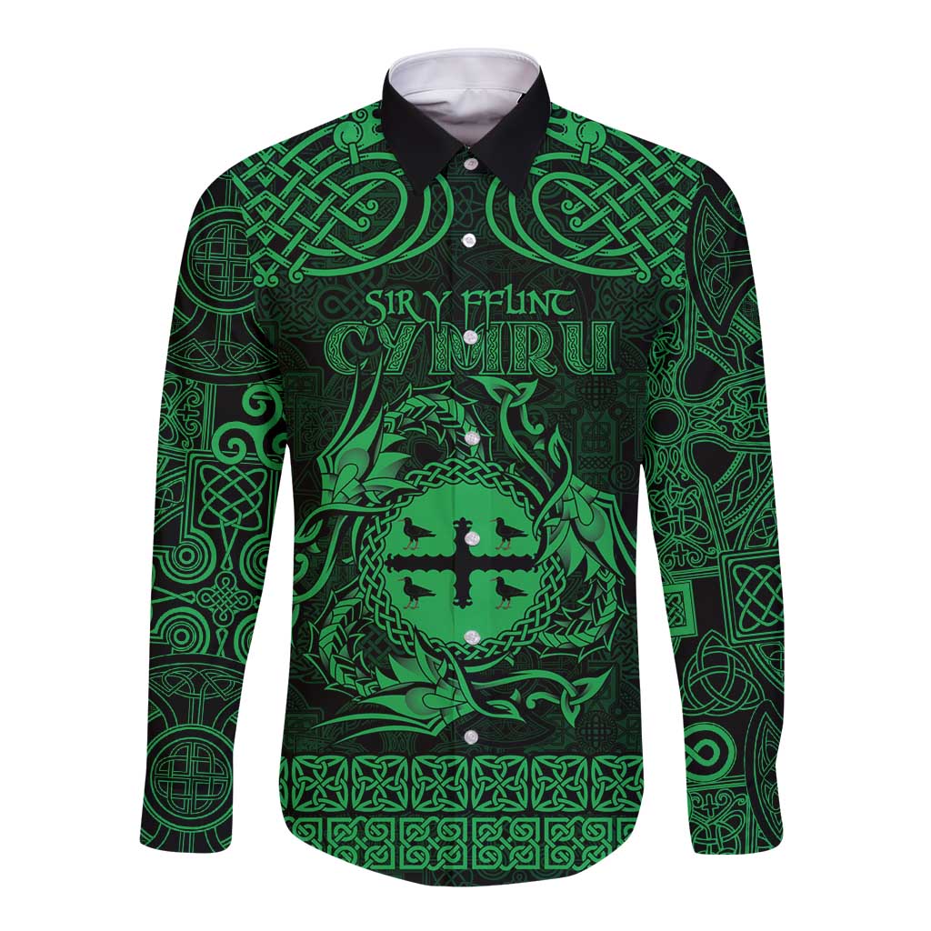 Personalized Flintshire Sir y Fflint Long Sleeve Button Shirt Green Four Choughs Celtic-inspired - Wonder Print Shop