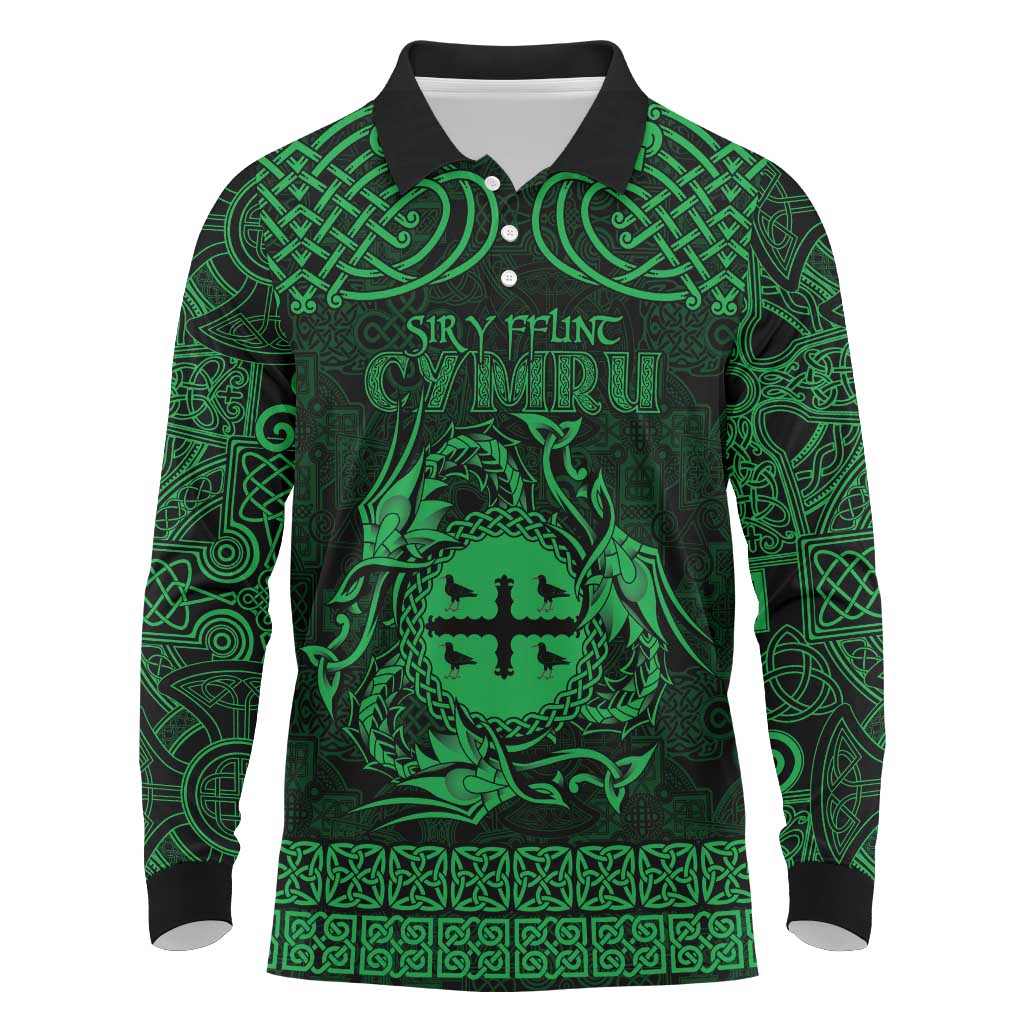 Personalized Flintshire Sir y Fflint Long Sleeve Polo Shirt Green Four Choughs Celtic-inspired - Wonder Print Shop