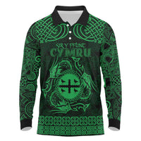 Personalized Flintshire Sir y Fflint Long Sleeve Polo Shirt Green Four Choughs Celtic-inspired - Wonder Print Shop