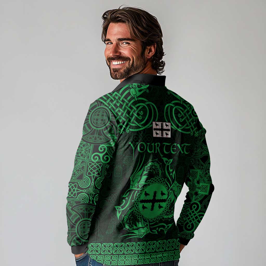 Personalized Flintshire Sir y Fflint Long Sleeve Polo Shirt Green Four Choughs Celtic-inspired - Wonder Print Shop