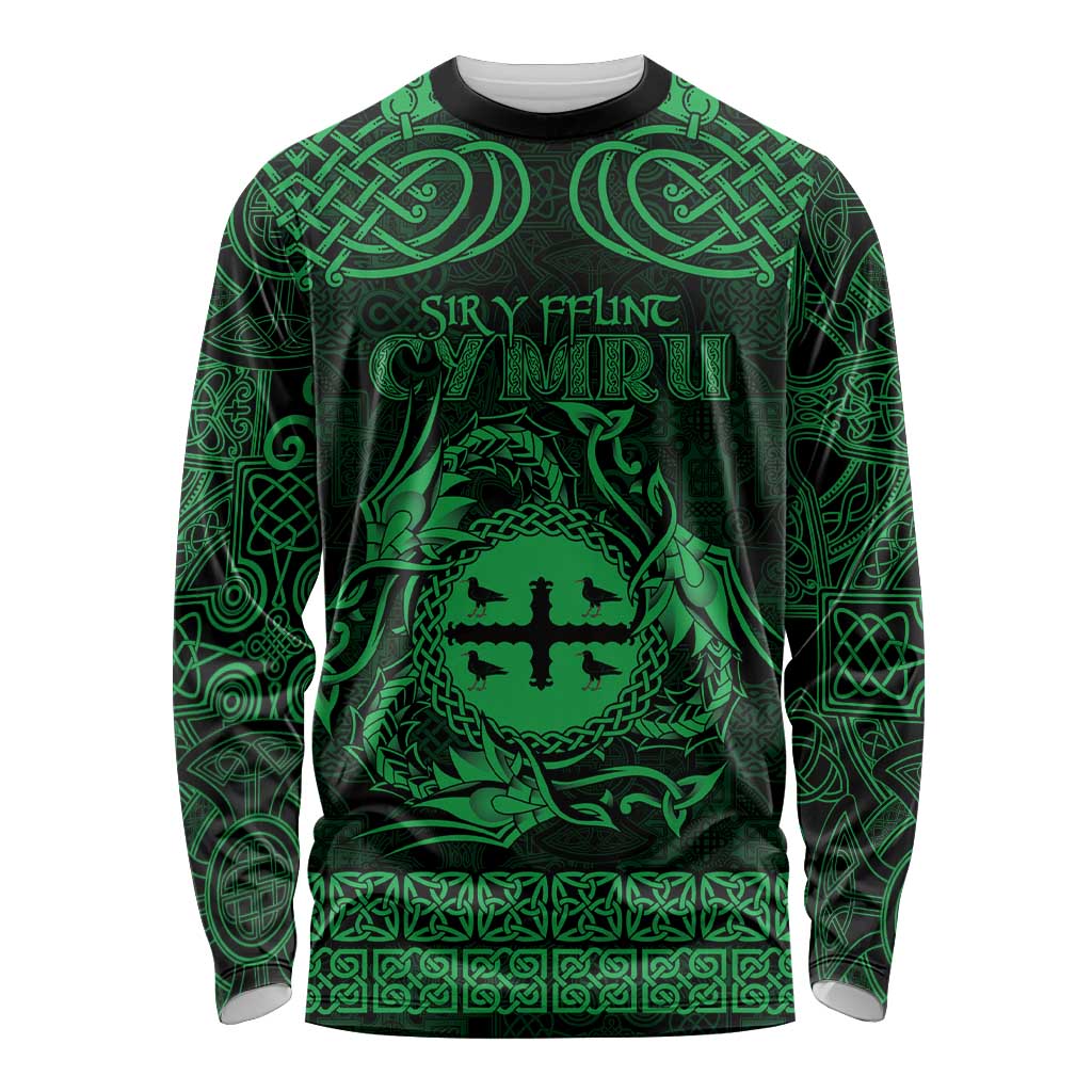 Personalized Flintshire Sir y Fflint Long Sleeve Shirt Green Four Choughs Celtic-inspired - Wonder Print Shop