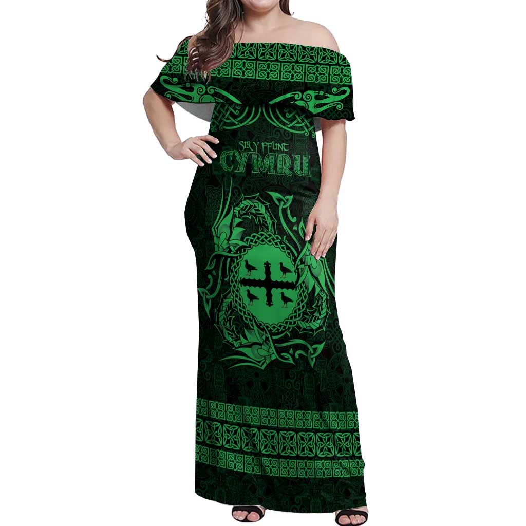 Personalized Flintshire Sir y Fflint Off Shoulder Maxi Dress Green Four Choughs Celtic-inspired - Wonder Print Shop