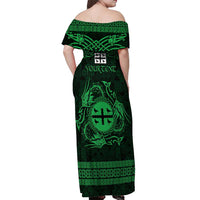 Personalized Flintshire Sir y Fflint Off Shoulder Maxi Dress Green Four Choughs Celtic-inspired - Wonder Print Shop