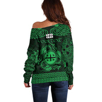 Personalized Flintshire Sir y Fflint Off Shoulder Sweater Green Four Choughs Celtic-inspired - Wonder Print Shop