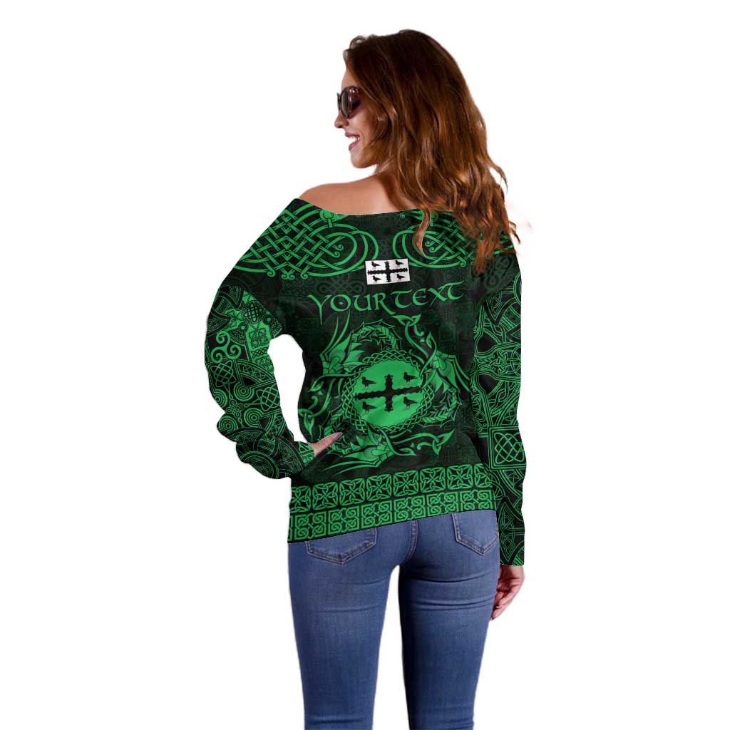 Personalized Flintshire Sir y Fflint Off Shoulder Sweater Green Four Choughs Celtic-inspired - Wonder Print Shop