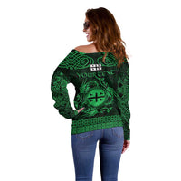 Personalized Flintshire Sir y Fflint Off Shoulder Sweater Green Four Choughs Celtic-inspired - Wonder Print Shop