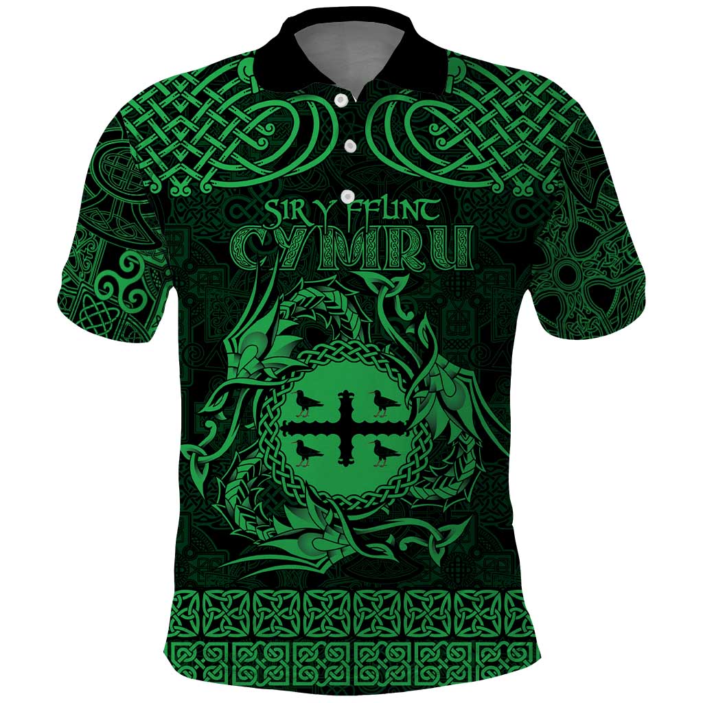 Personalized Flintshire Sir y Fflint Polo Shirt Green Four Choughs Celtic-inspired - Wonder Print Shop
