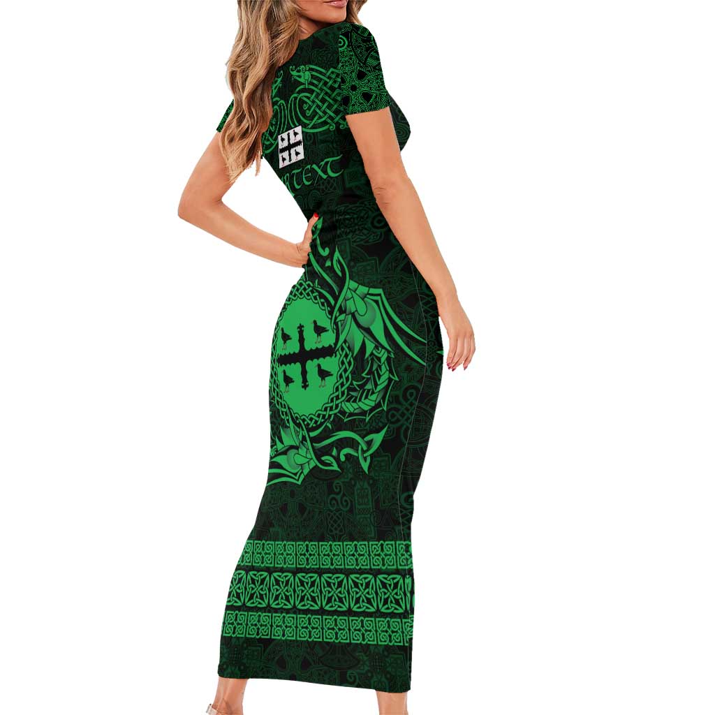 Personalized Flintshire Sir y Fflint Short Sleeve Bodycon Dress Green Four Choughs Celtic-inspired - Wonder Print Shop