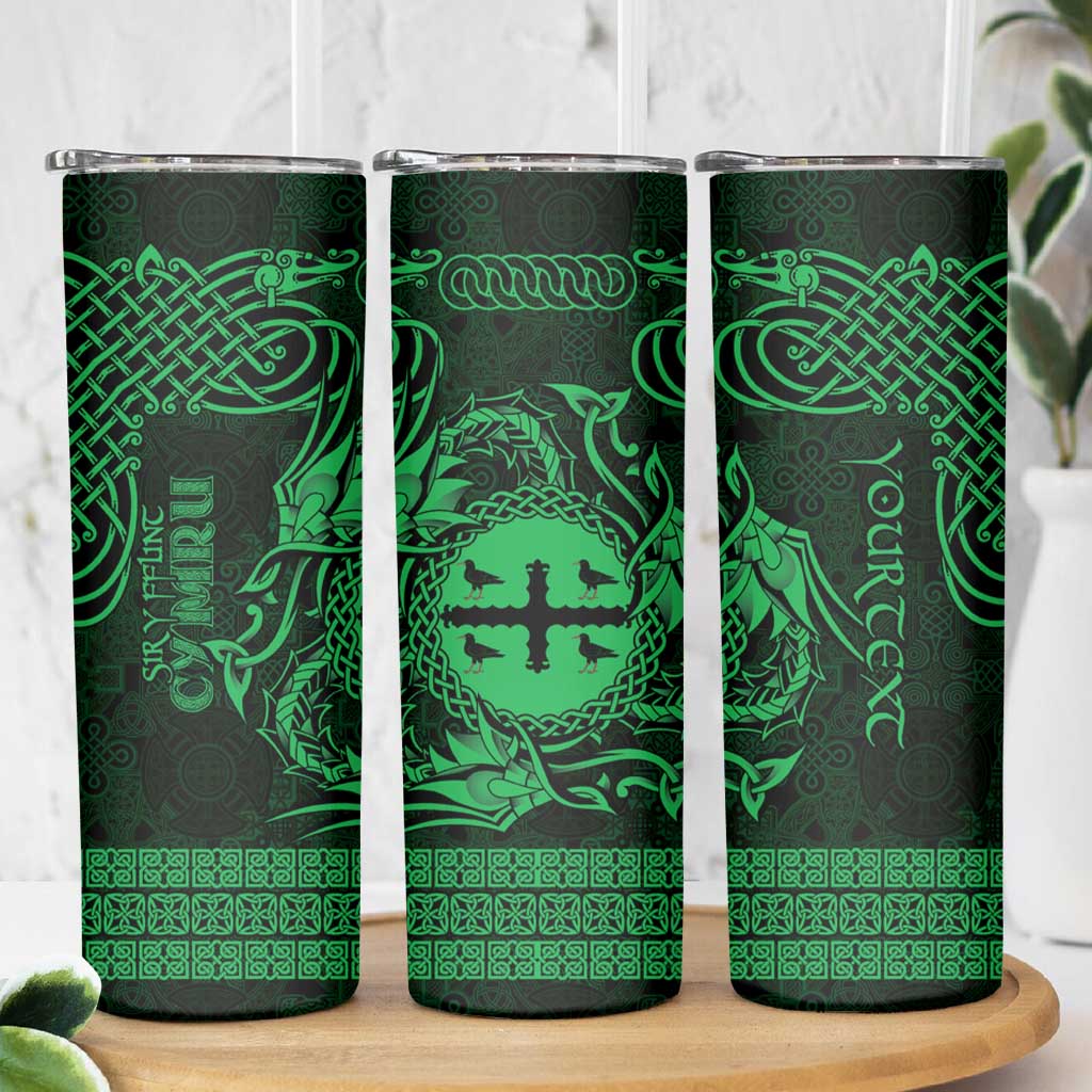 Personalized Flintshire Sir y Fflint Skinny Tumbler Green Four Choughs Celtic-inspired - Wonder Print Shop