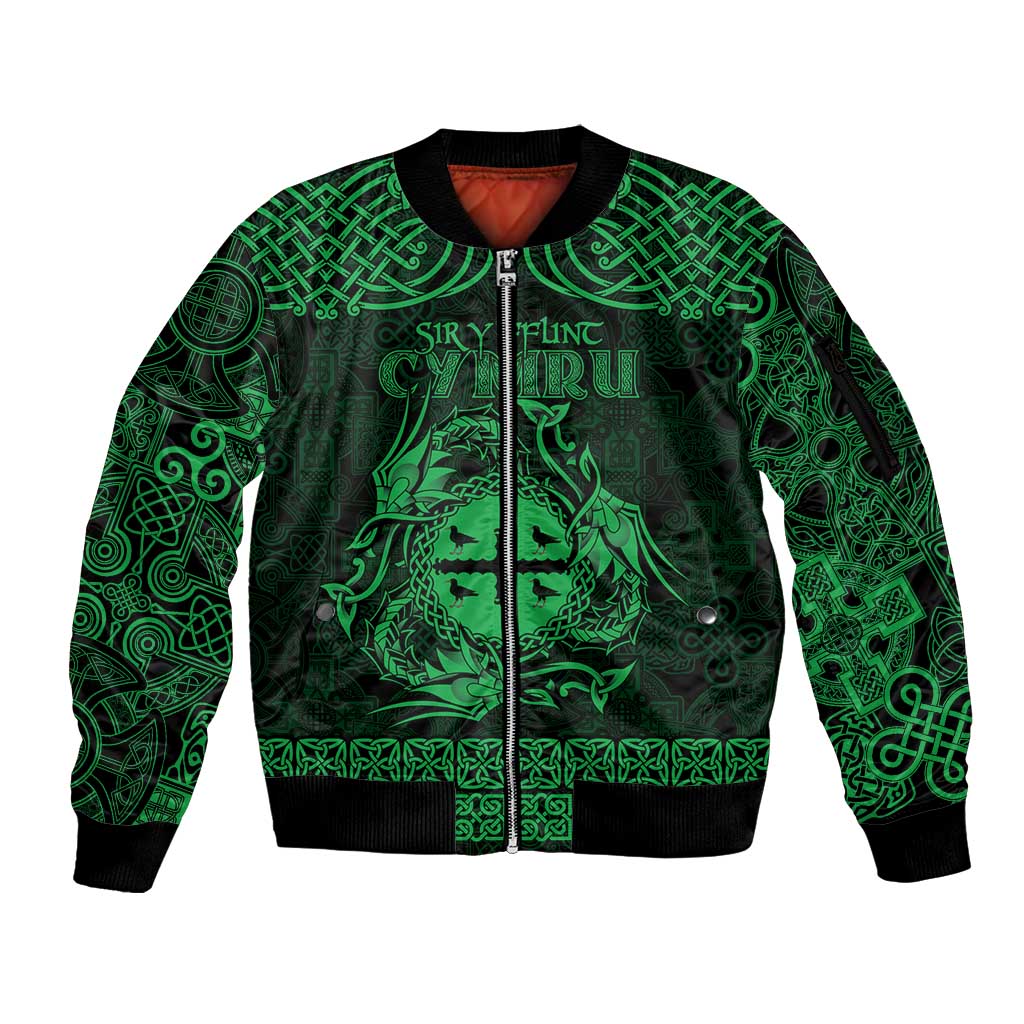 Personalized Flintshire Sir y Fflint Sleeve Zip Bomber Jacket Green Four Choughs Celtic-inspired - Wonder Print Shop