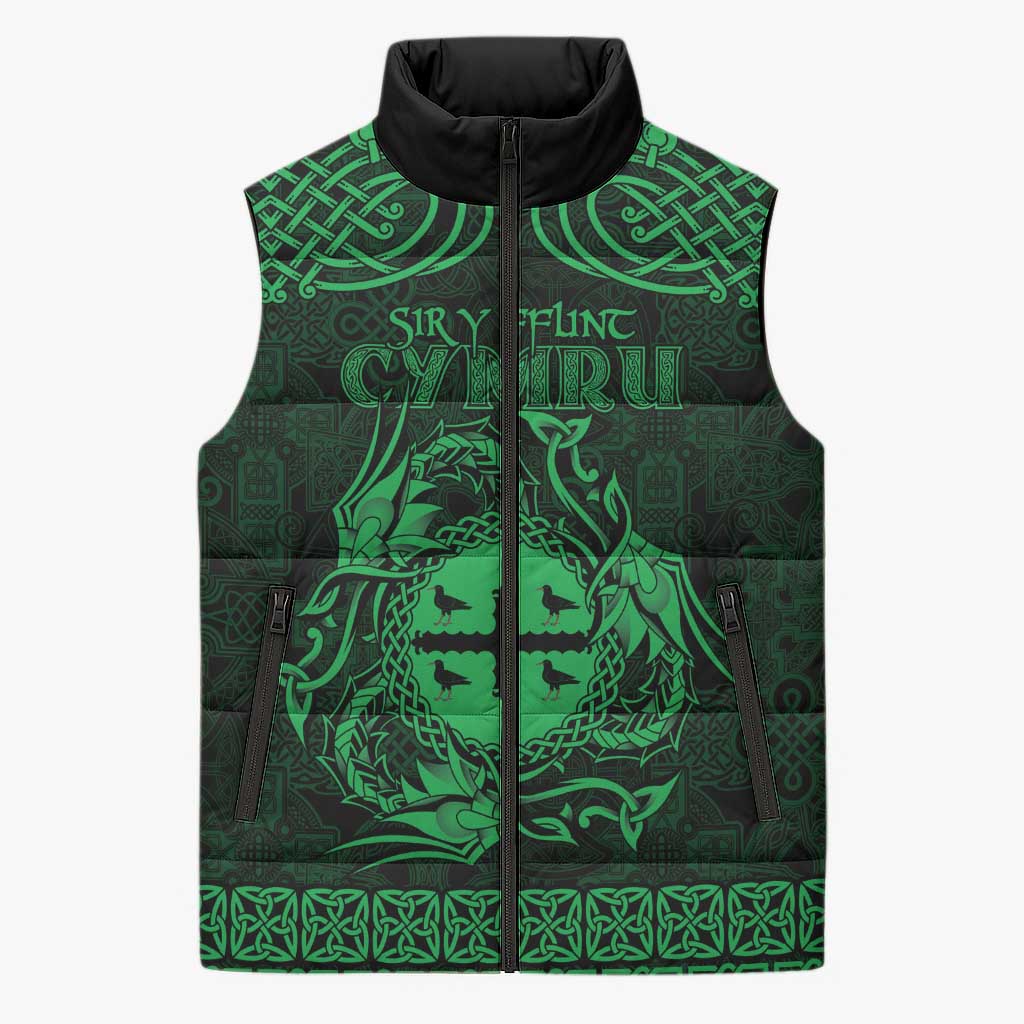 Personalized Flintshire Sir y Fflint Sleeveless Puffer Jacket Green Four Choughs Celtic-inspired - Wonder Print Shop