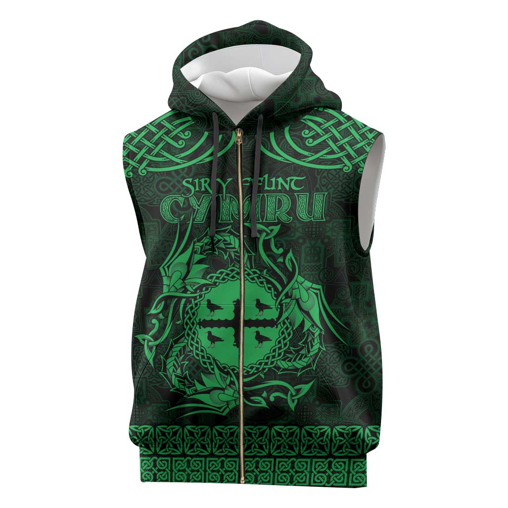 Personalized Flintshire Sir y Fflint Sleeveless Zip Hoodie Green Four Choughs Celtic-inspired - Wonder Print Shop
