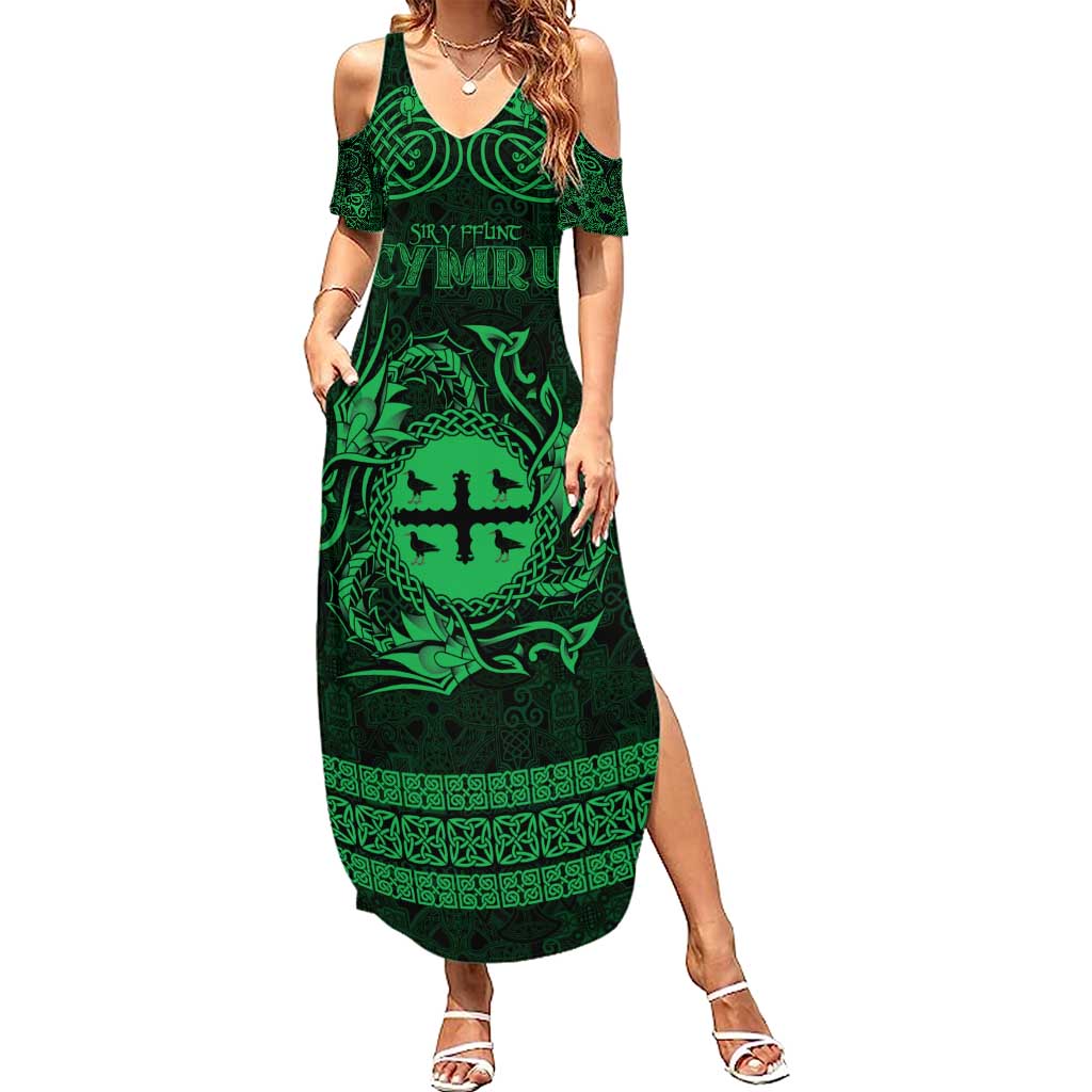 Personalized Flintshire Sir y Fflint Summer Maxi Dress Green Four Choughs Celtic-inspired - Wonder Print Shop