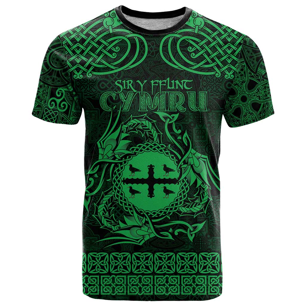 Personalized Flintshire Sir y Fflint T Shirt Green Four Choughs Celtic-inspired - Wonder Print Shop
