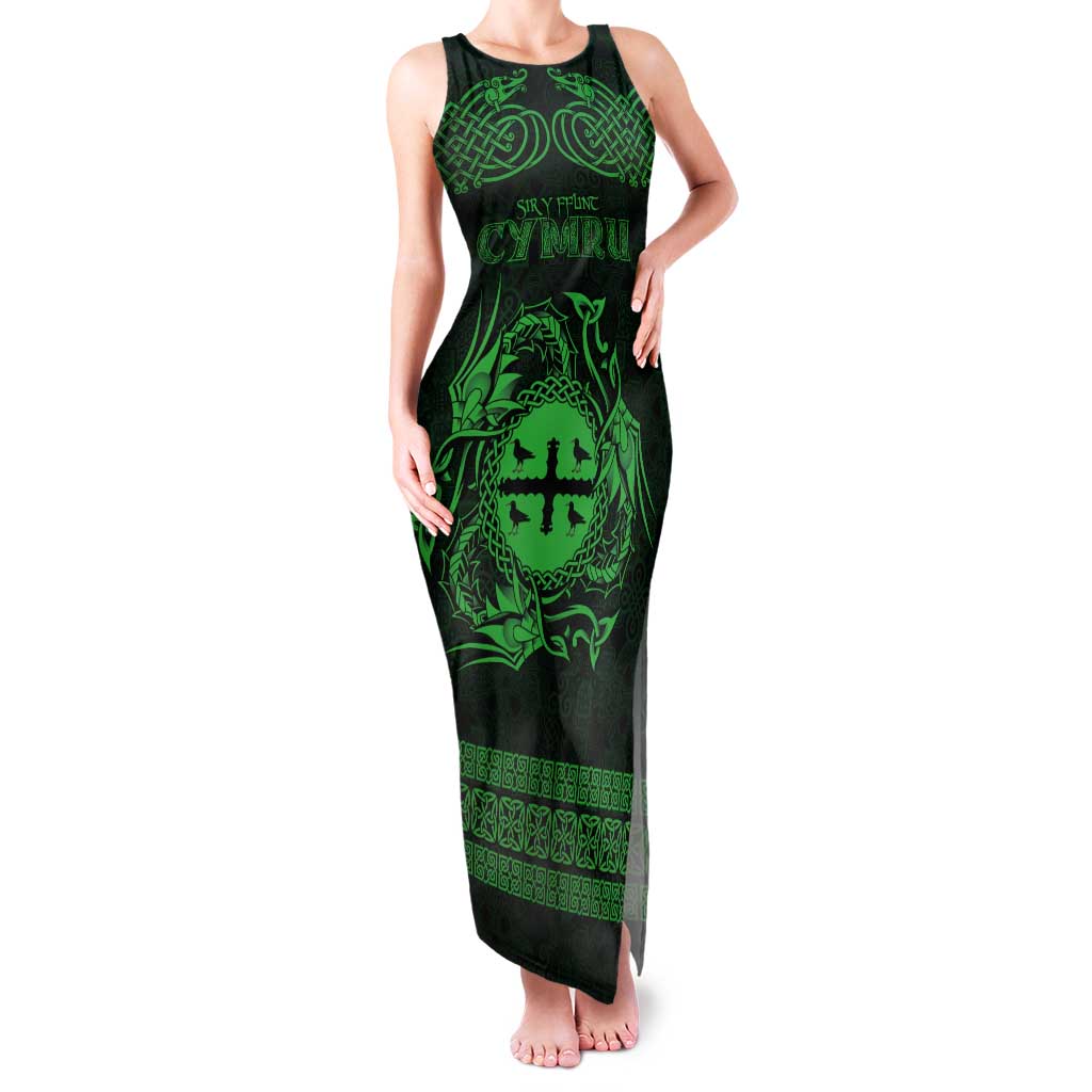 Personalized Flintshire Sir y Fflint Tank Maxi Dress Green Four Choughs Celtic-inspired - Wonder Print Shop