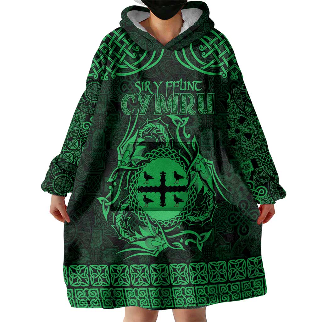 Personalized Flintshire Sir y Fflint Wearable Blanket Hoodie Green Four Choughs Celtic-inspired - Wonder Print Shop