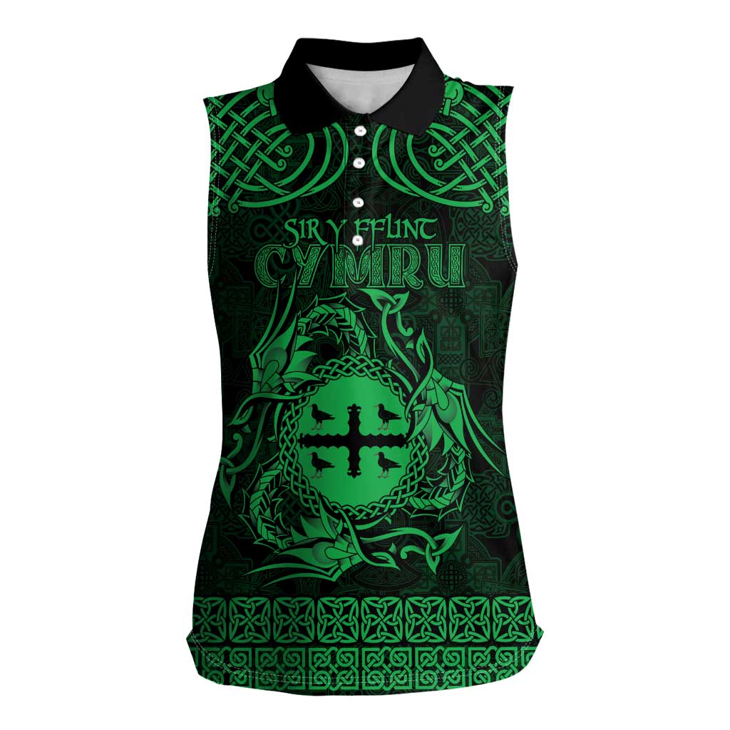 Personalized Flintshire Sir y Fflint Women Sleeveless Polo Shirt Green Four Choughs Celtic-inspired - Wonder Print Shop