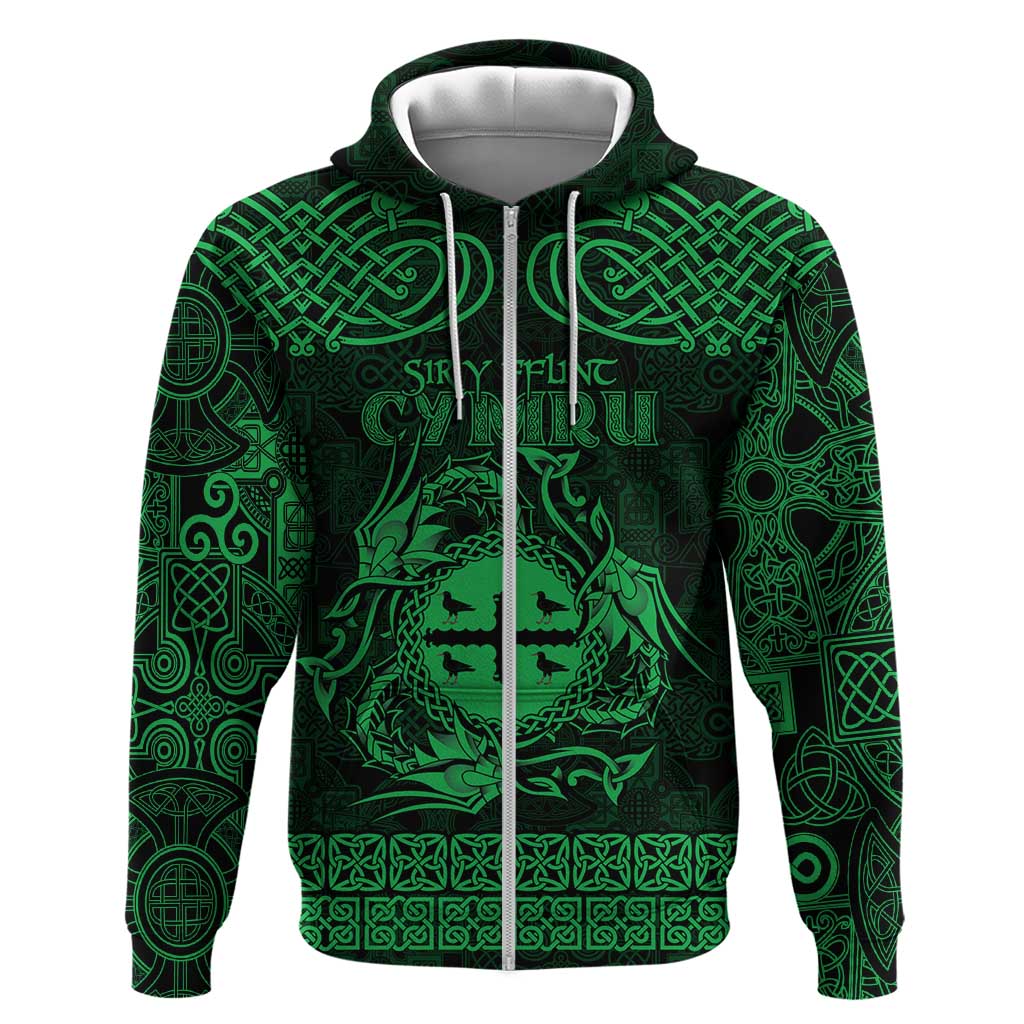 Personalized Flintshire Sir y Fflint Zip Hoodie Green Four Choughs Celtic-inspired - Wonder Print Shop