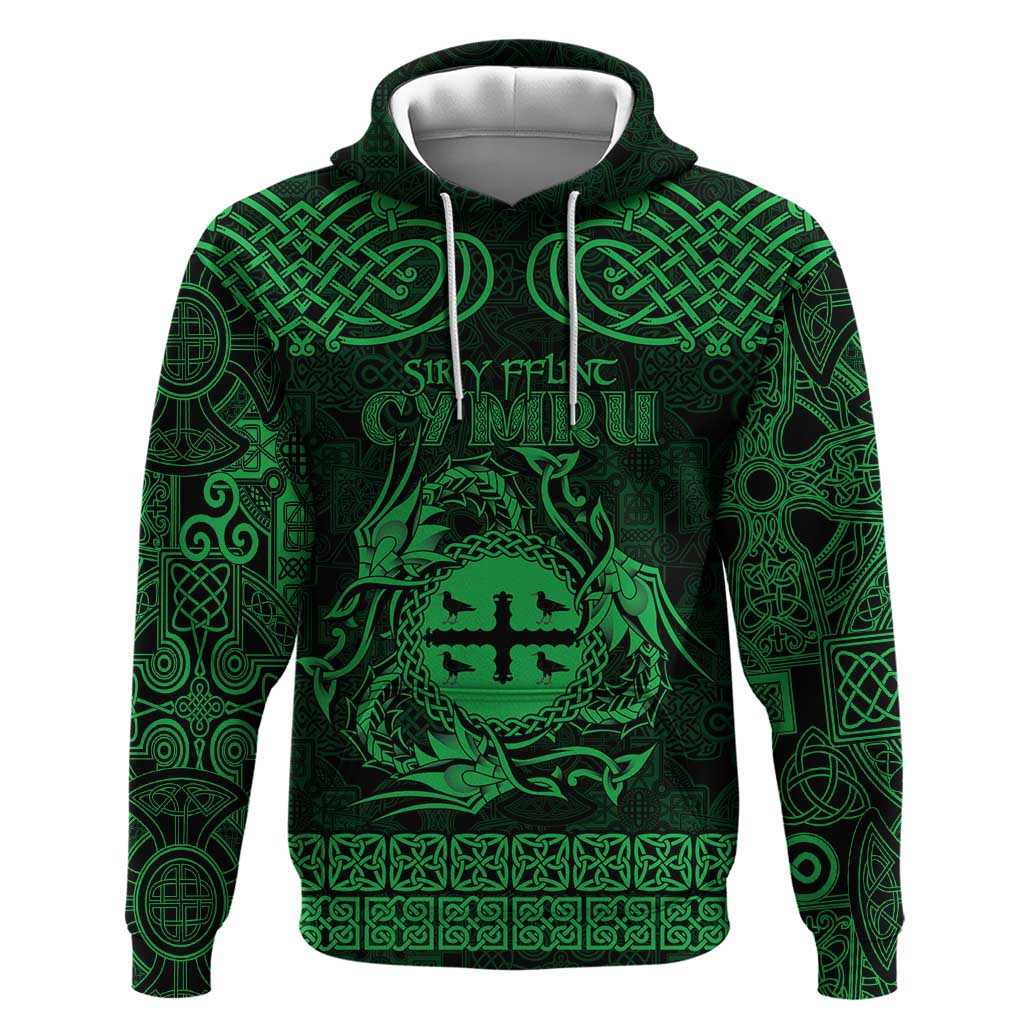 Personalized Flintshire Sir y Fflint Zip Hoodie Green Four Choughs Celtic-inspired - Wonder Print Shop