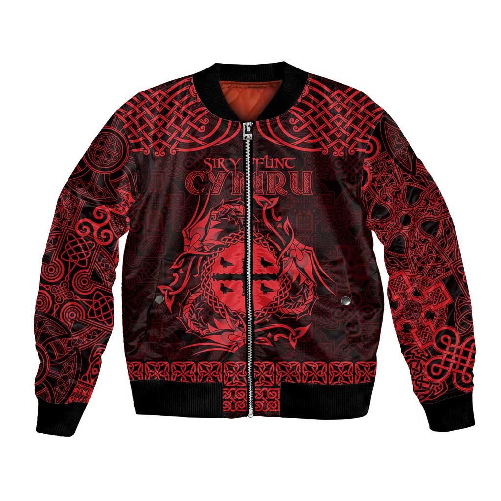 Personalized Flintshire Sir y Fflint Bomber Jacket Red Four Choughs Celtic-inspired - Wonder Print Shop