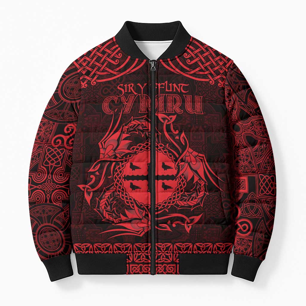 Personalized Flintshire Sir y Fflint Bomber Puffer Jacket Red Four Choughs Celtic-inspired - Wonder Print Shop