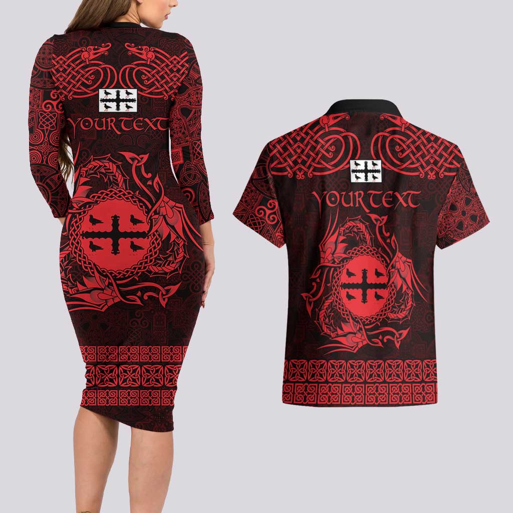 Personalized Flintshire Sir y Fflint Couples Matching Long Sleeve Bodycon Dress and Hawaiian Shirt Red Four Choughs Celtic-inspired - Wonder Print Shop