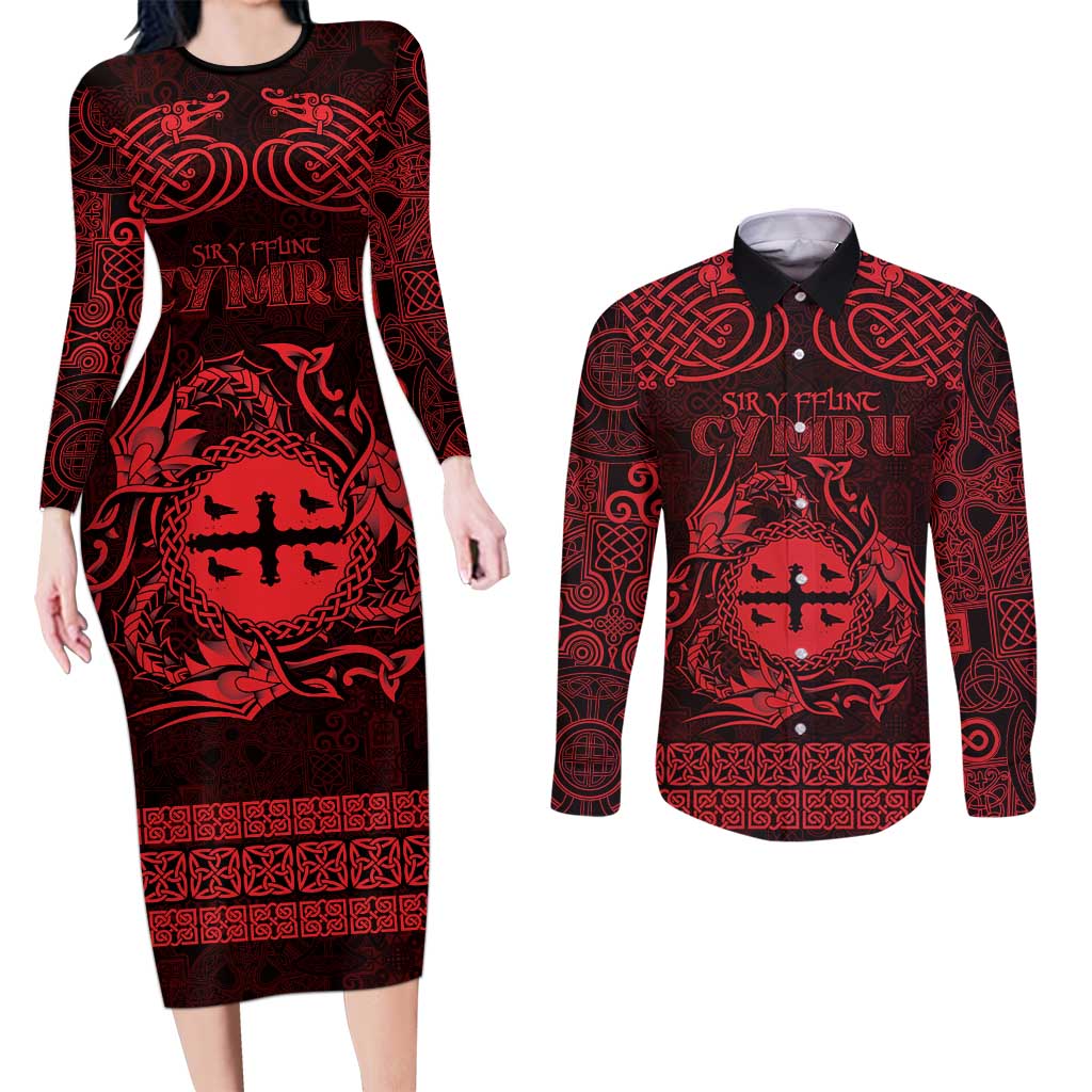 Personalized Flintshire Sir y Fflint Couples Matching Long Sleeve Bodycon Dress and Long Sleeve Button Shirt Red Four Choughs Celtic-inspired - Wonder Print Shop