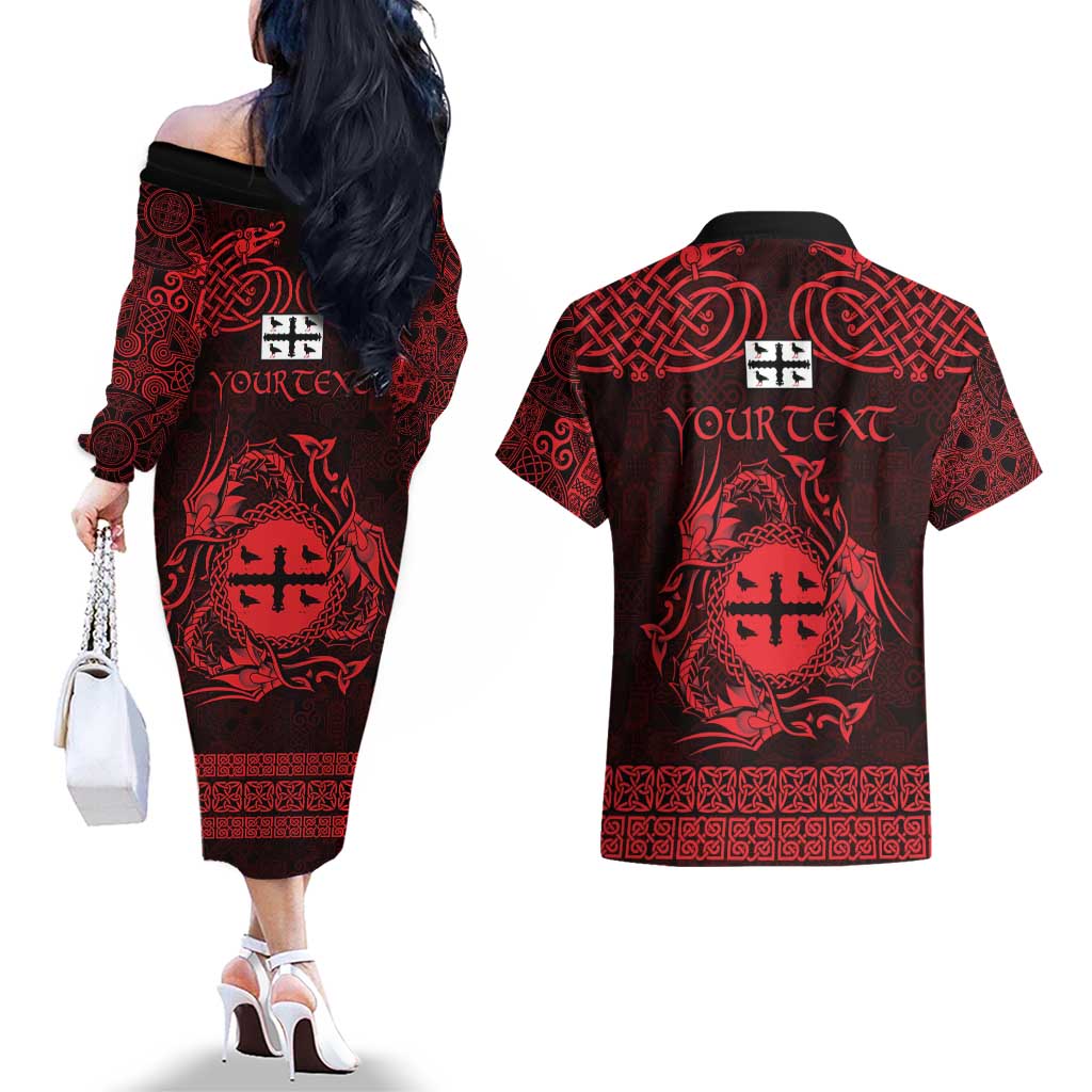Personalized Flintshire Sir y Fflint Couples Matching Off The Shoulder Long Sleeve Dress and Hawaiian Shirt Red Four Choughs Celtic-inspired - Wonder Print Shop