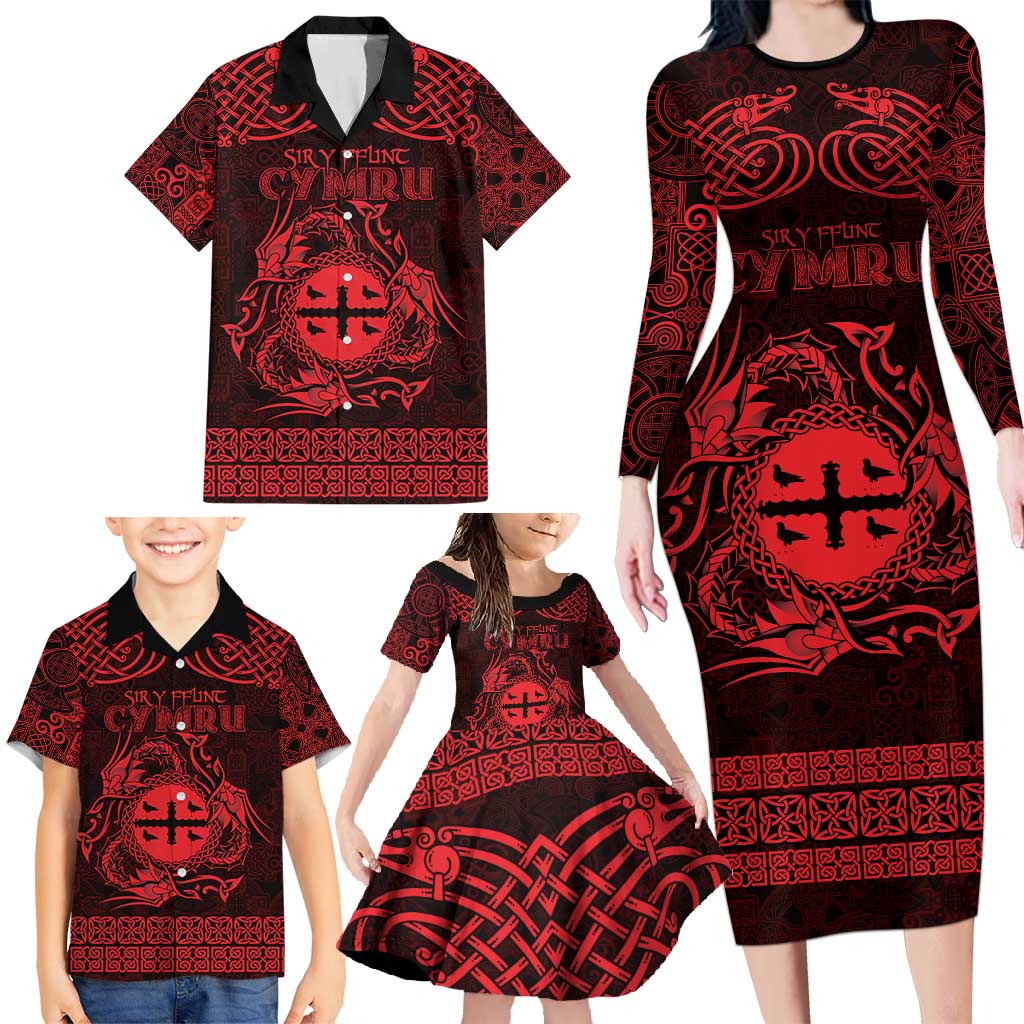 Personalized Flintshire Sir y Fflint Family Matching Long Sleeve Bodycon Dress and Hawaiian Shirt Red Four Choughs Celtic-inspired - Wonder Print Shop