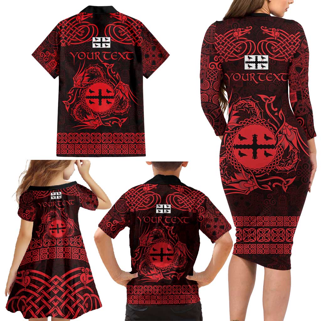Personalized Flintshire Sir y Fflint Family Matching Long Sleeve Bodycon Dress and Hawaiian Shirt Red Four Choughs Celtic-inspired - Wonder Print Shop