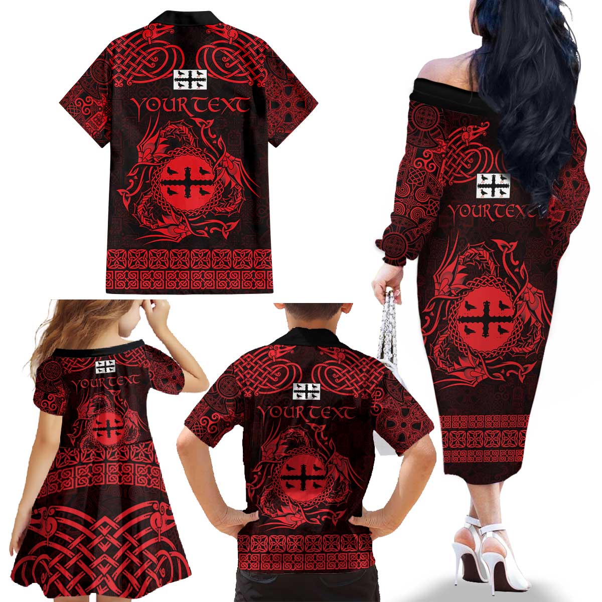 Personalized Flintshire Sir y Fflint Family Matching Off The Shoulder Long Sleeve Dress and Hawaiian Shirt Red Four Choughs Celtic-inspired - Wonder Print Shop