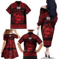Personalized Flintshire Sir y Fflint Family Matching Off The Shoulder Long Sleeve Dress and Hawaiian Shirt Red Four Choughs Celtic-inspired - Wonder Print Shop